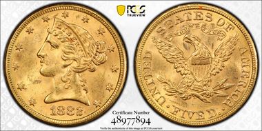 1882 $5 MS63+ 