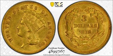 1878 $3 AU58+