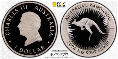 2024-P125 $1 Kangaroo King Charles III  First Issue First Strike PR70DCAM
