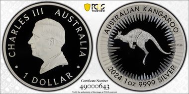2024-P125 $1 Kangaroo King Charles III  First Issue First Strike PR70DCAM