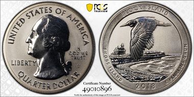 2018-S 25C Block Island NP-Silver Rev PR 50th Anniversary Set PR69