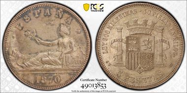 1870-SN M 5 Pta (1870) AU58