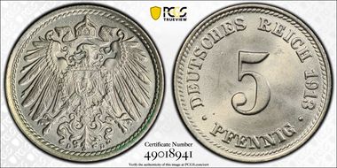 1913-D 5 Pfg J-12 MS65