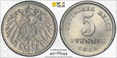 1915-D 5 Pfg Iron J-297 MS65