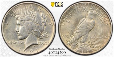 1921 $1 High Relief, Peace N1