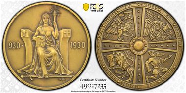 1930 2 Kr X-1 1000 Years Althing Brass Matte MS64