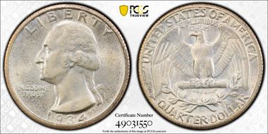 1934 25C Medium Motto AU55