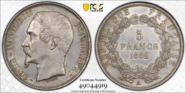 1852-A 5 Fr Gad-726 Tête étroite F-329 MS62