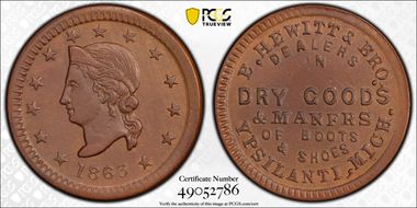 1863 Token F-960A-7a Copper PE E. Hewitt & Bro. N1BN