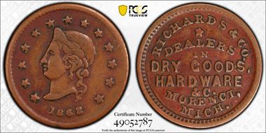 1863 Token F-660B-1a Copper PE Richards & Co. XF40BN