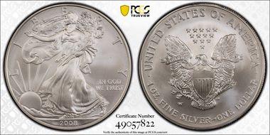 2008-W $1 Burnished Silver Eagle Reverse of 2007 SP69