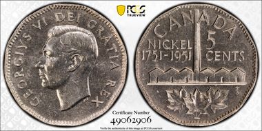 1951 5C Nickel Bicentennial MS63