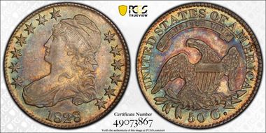 1828 50C Square 2, Small 8s, Lg. Letters AU58+
