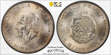 1955-Mo 5 Peso KM-469  Ag MS65