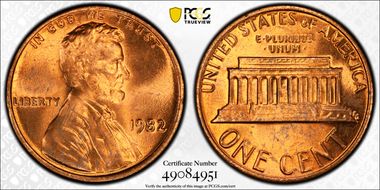 1982 1C Bronze, Large Date MS64RD