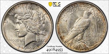 1922-D $1 V-2A Retained Die Break AU58
