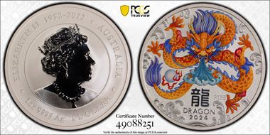 2024-P125 $1 Year of the Dragon Ag Orange Facing MS69