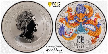2024-P125 $1 Year of the Dragon Ag Orange Facing MS70