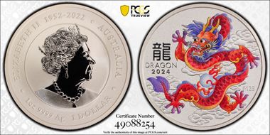 2024-P125 $1 Year of the Dragon Red Ag Colorized MS70