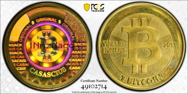 2011 1 BTC Casascius Bitcoin, Brass MS66