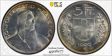 1922 B 5 Fr KM-37  Ag MS63