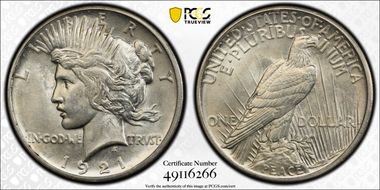 1921 $1 High Relief, Peace MS62