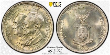 1936-M Peso Roosevelt-Quezon KM-177  Ag MS66