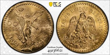 1945 50 Peso KM-481  Au MS65