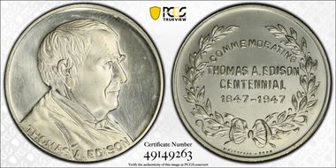 1947 Medal TC-555206 WM, 32mm Thomas A. Edison Centennial MS65