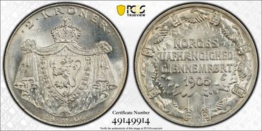 1906 2 Kr Independence KM-363  Ag MS65