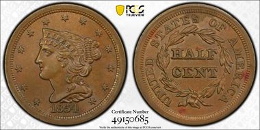 1854 1/2C MS65BN
