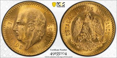 1959-M 10 Peso KM-473  Au MS65