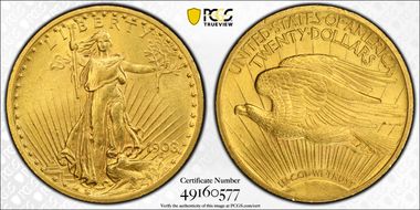 1908 $20 Motto AU58