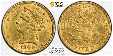 1906-D $5 AU58