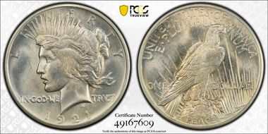 1921 $1 High Relief, Peace MS64