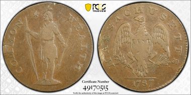 1787 Cent Massachusetts, Ryder 4-J Bowed Head VF20BN