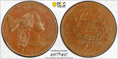 1794 1C S-28, Ornate Head AU58+ BN