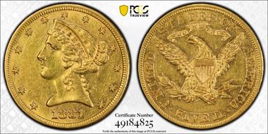 1881 $5 RPD FS-303 AU50