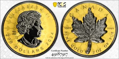 2024 $200 Super Incuse Gold Maple Leaf Selective Pt Plating Rev PR PR70
