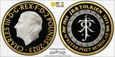 2023 £2 JRR Tolkien - The Life & Work Ag Center, Gilt Ring First Strike PR69DCAM