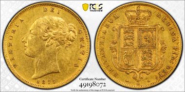 1877-M 1/2 Sov S-3863A Narrow Ribbon AU50