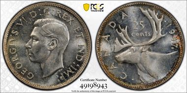 1947 25C Maple Leaf MS65