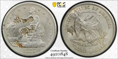 1875-S T$1 Chopmarked AU58