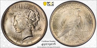 1921 $1 High Relief, Peace MS64