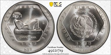 1994-Mo 5 Peso Chaac Mool  KM-574  Ag MS68