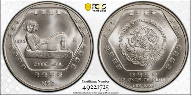 1994-Mo 2 Peso Chaac Mool KM-573  Ag MS68