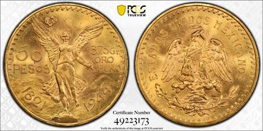 1944 50 Peso KM-481  Au MS64