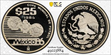 1985-Mo 25 Peso World Cup KM-503 PR68DCAM