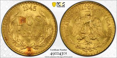 1945-Mo 2 Peso KM-461  Au MS65