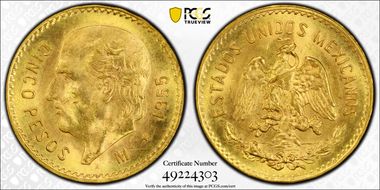 1955-M 5 Peso KM-464  Au MS65